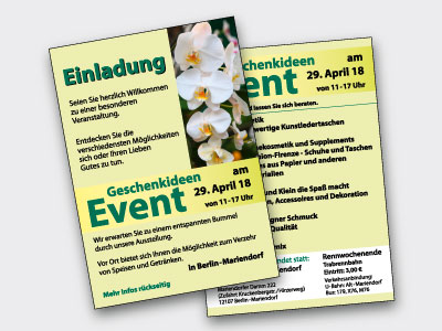 Beispielbilder von fertigen Projekten des Leistungsspektrums Drucksachen: DIN A5 Flyer von Geschäftskunden, beidseitig farbig.