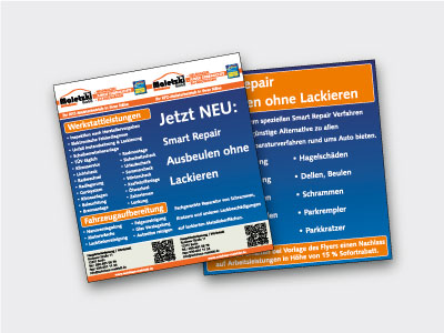 Beispielbilder von fertigen Projekten des Leistungsspektrums Drucksachen: DIN lang Faltflyer von Geschäftskunden, beidseitig farbig.