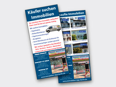 Beispielbilder von fertigen Projekten des Leistungsspektrums Drucksachen: DIN lang Flyer von Geschäftskunden, beidseitig farbig.